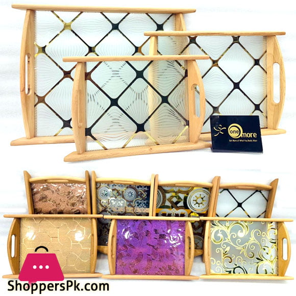 One More Elegent Wood Tray Glass Base Set of 3