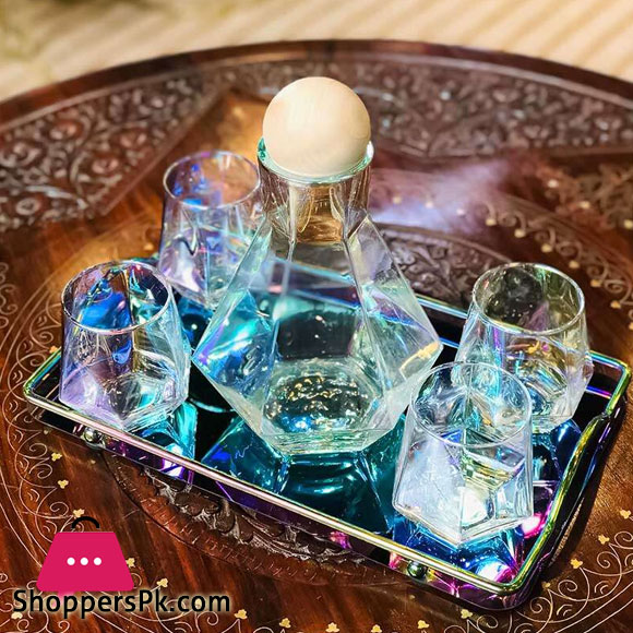 Diamond Glasses Water Set Kettle with Wood Ball Lid Clear Jug for Juice Cocktail Wine Glasses Set of 7