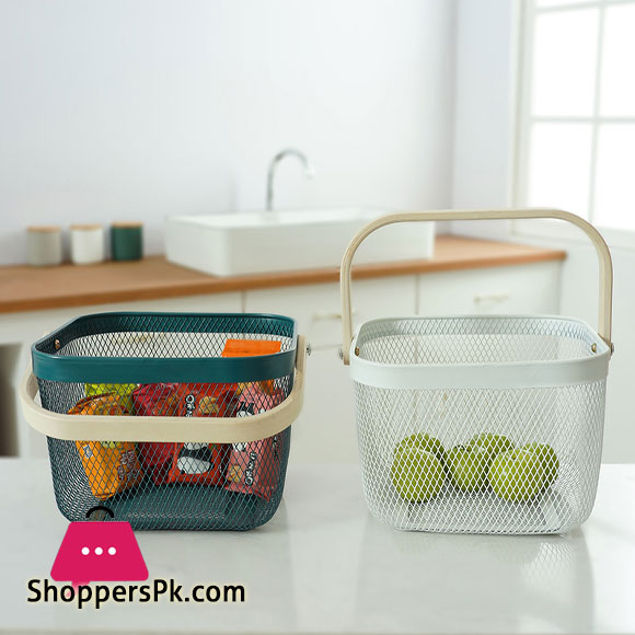 Kitchen Organizer Metal Wire Mesh Fruit Storage Basket with Wooden Handle Small
