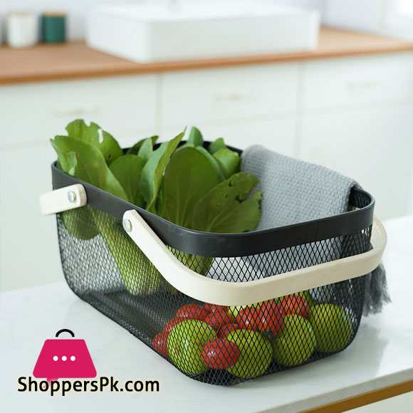 Kitchen Organizer Metal Wire Mesh Fruit Storage Basket with Wooden Handle Large