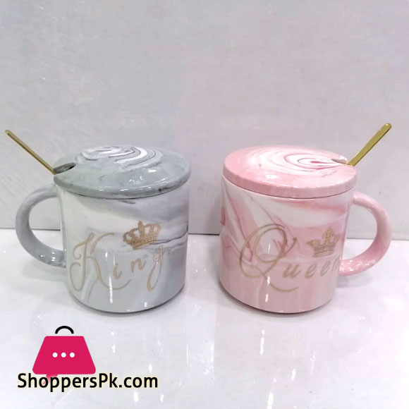 Ceramic Marble Pattern King Queen Mug with Lid Spoon 2 - Pcs