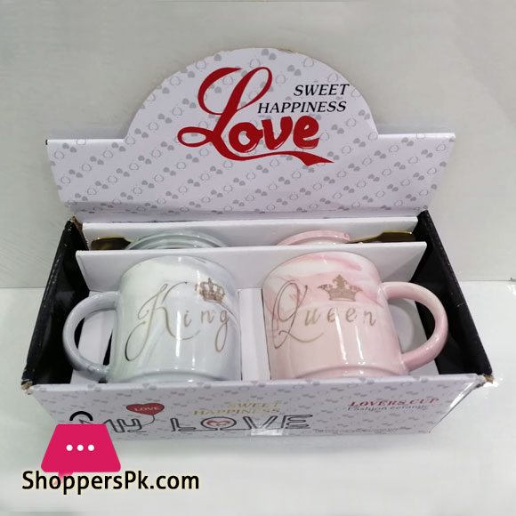 Ceramic Marble Pattern King Queen Mug with Lid Spoon 2 - Pcs