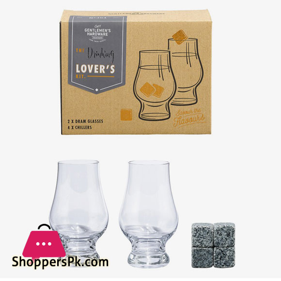 Drinking Lovers Set ( 2 Drinking Glasses (170 ml) 4 Cooling Drinking Stones in Granite )