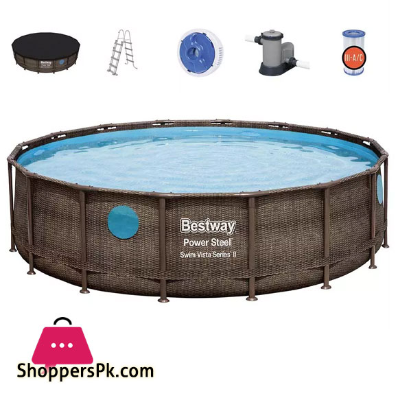 Bestway Round Bove Ground Pool With Rattan Effect 488x122cm Power Steel Swim Vista 56725