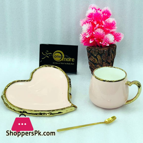 Heart Tea Cup & Saucer Gold Rim with Spoon