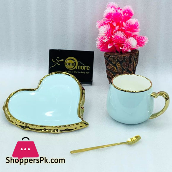 Heart Tea Cup & Saucer Gold Rim with Spoon
