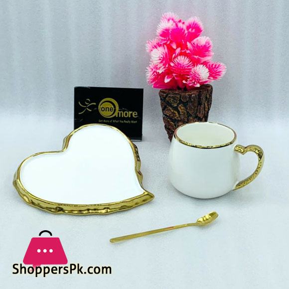 Heart Tea Cup & Saucer Gold Rim with Spoon
