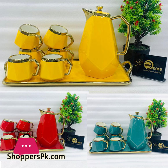 ONE MORE Ceramic 6 Cups +1 Kettle +1 Tray Tea Set For Drinkware - Cut Diamond 006-41