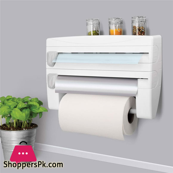 4-in-1 Wall Mount Tissue Holder Multifunctional Kitchen Plastic Wrap Cling Film Paper Roll Cutter Shelf with Spice Sauce Bottle Storage