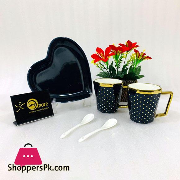ONE MORE Heart Shaped Couple Ceramic Mug Gold Rim with Spoon Gift Box 1 Pair