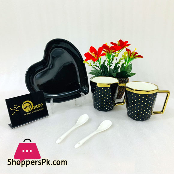 ONE MORE Heart Shaped Couple Ceramic Mug Gold Rim with Spoon Gift Box 1 Pair