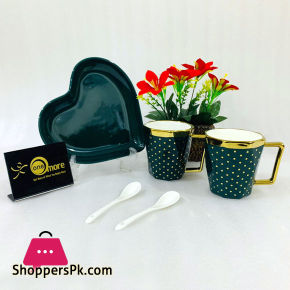 ONE MORE Heart Shaped Couple Ceramic Mug Gold Rim with Spoon Gift Box 1 Pair