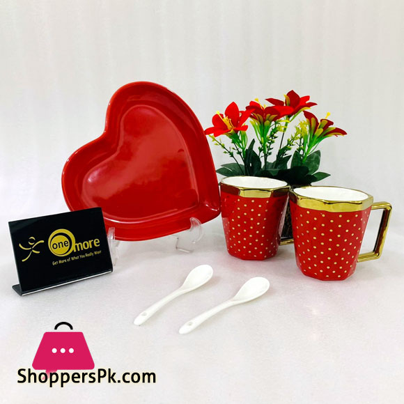 ONE MORE Heart Shaped Couple Ceramic Mug Gold Rim with Spoon Gift Box 1 Pair