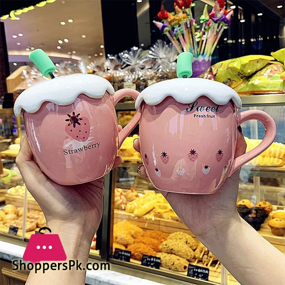 Ceramic Strawberry Mug with Lid Creative Cartoon Spoon Strawberry Shape Home Water Cup Milk Breakfast Office Coffee Mugs