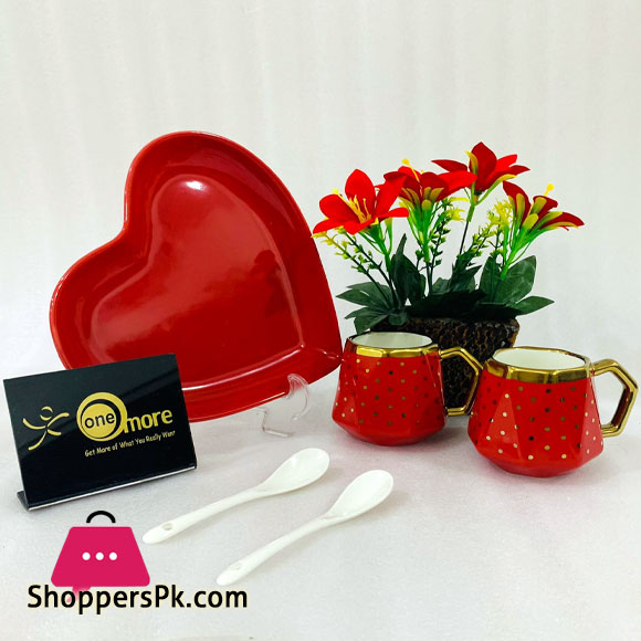 ONE MORE Heart Couple Ceramic Mug Gold Rim with Spoon Gift Box 1 Pair
