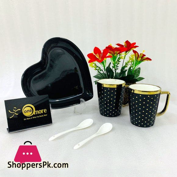 ONE MORE Heart Shaped Couple Ceramic Mug Gold Rim with Spoon Gift Box 1 Pair