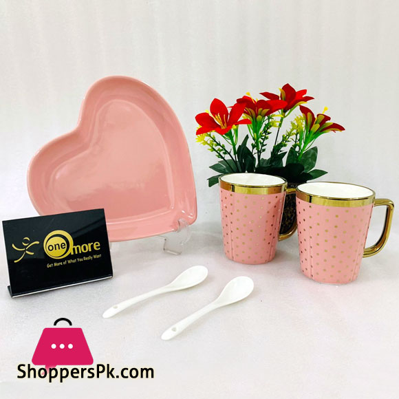 ONE MORE Heart Shaped Couple Ceramic Mug Gold Rim with Spoon Gift Box 1 Pair