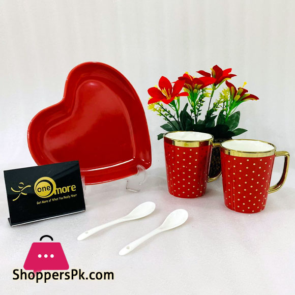 ONE MORE Heart Shaped Couple Ceramic Mug Gold Rim with Spoon Gift Box 1 Pair