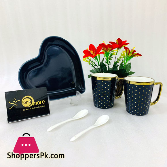 ONE MORE Heart Shaped Couple Ceramic Mug Gold Rim with Spoon Gift Box 1 Pair