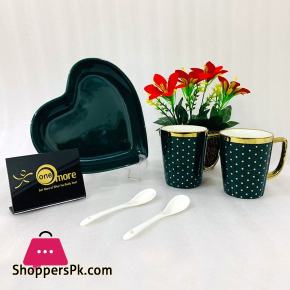 ONE MORE Heart Shaped Couple Ceramic Mug Gold Rim with Spoon Gift Box 1 Pair