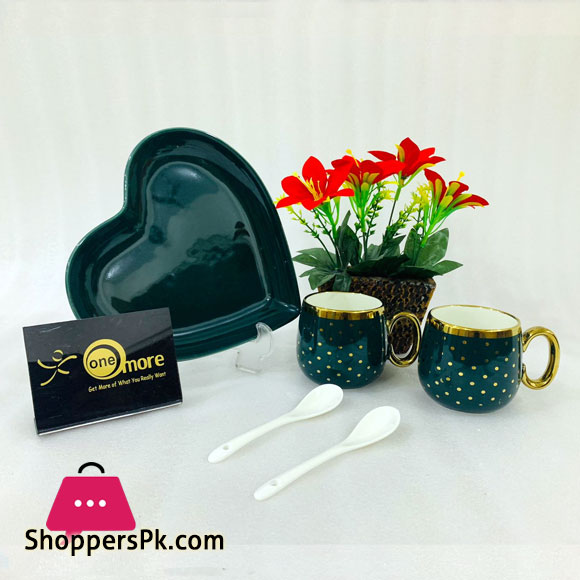 ONE MORE Heart Couple Ceramic Mug Gold Rim with Spoon Gift Box 1 Pair