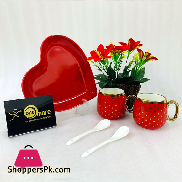 ONE MORE Heart Couple Ceramic Mug Gold Rim with Spoon Gift Box 1 Pair