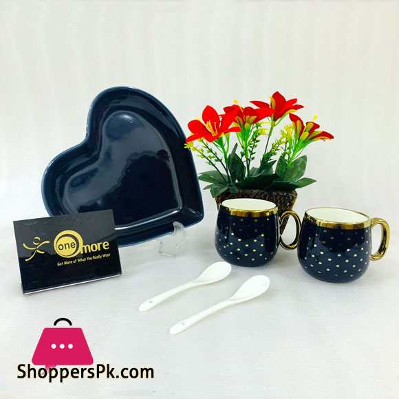 ONE MORE Heart Couple Ceramic Mug Gold Rim with Spoon Gift Box 1 Pair