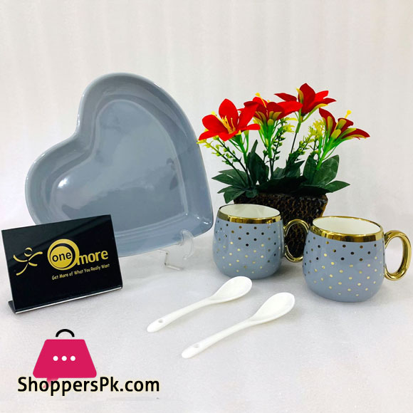 ONE MORE Heart Couple Ceramic Mug Gold Rim with Spoon Gift Box 1 Pair