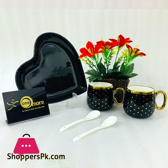 ONE MORE Heart Couple Ceramic Mug Gold Rim with Spoon Gift Box 1 Pair