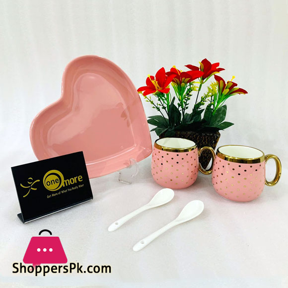 ONE MORE Heart Couple Ceramic Mug Gold Rim with Spoon Gift Box 1 Pair