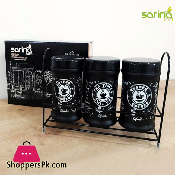 Sarina Black Sugar Tea Coffee Jar Set of 3 with Metal Rack - 3x660ML - S1035 Turkey Made