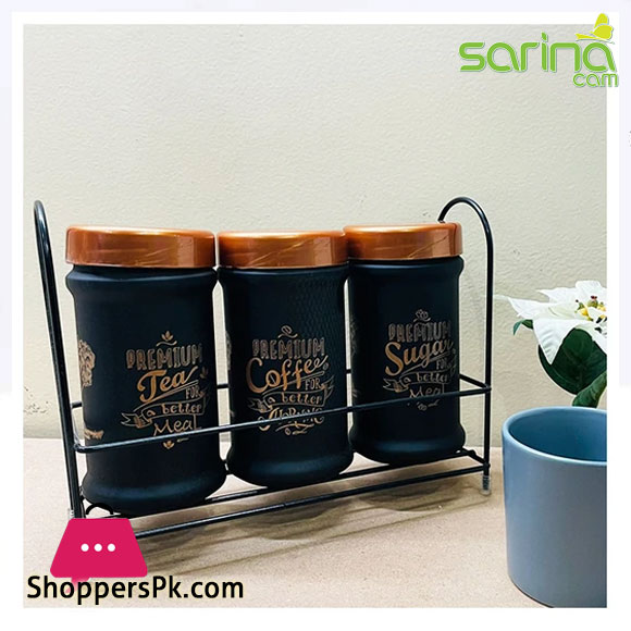 Sarina Black Sugar Tea Coffee Jar Set of 3 with Metal Rack - 3x660ML - S1035 Turkey Made