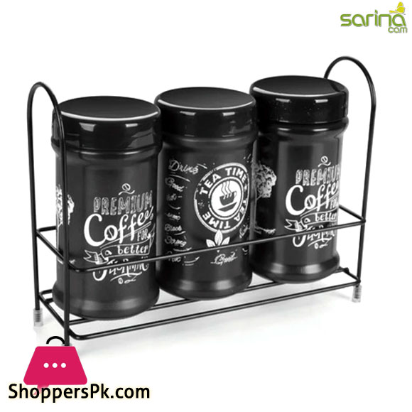 Sarina Black Sugar Tea Coffee Jar Set of 3 with Metal Rack - 3x660ML - S1035 Turkey Made