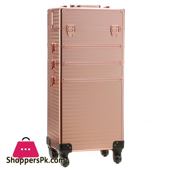 4 in 1 Portable Traveling Aluminum Professional Makeup Trolley Cart with Multiple-Sized Compartments and Wheels, Rose Gold
