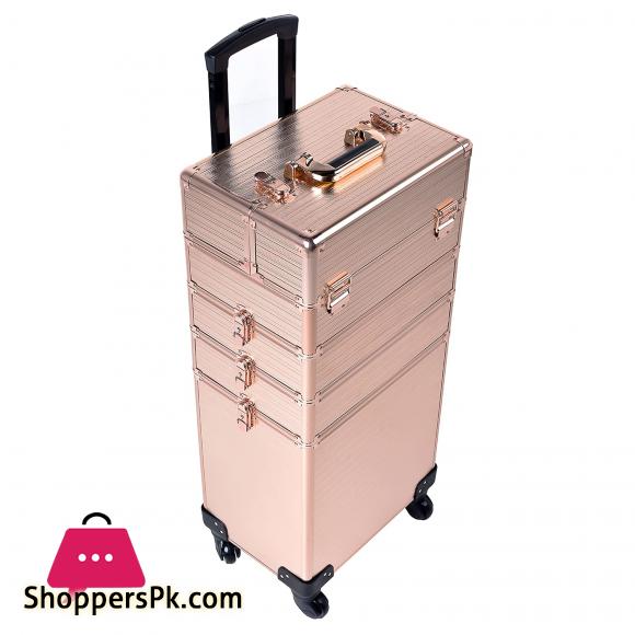 4 in 1 Portable Traveling Aluminum Professional Makeup Trolley Cart with Multiple-Sized Compartments and Wheels, Rose Gold