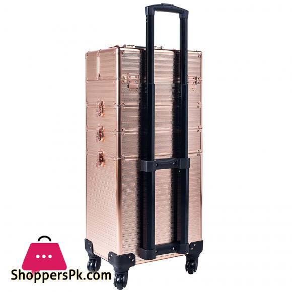 4 in 1 Portable Traveling Aluminum Professional Makeup Trolley Cart with Multiple-Sized Compartments and Wheels, Rose Gold