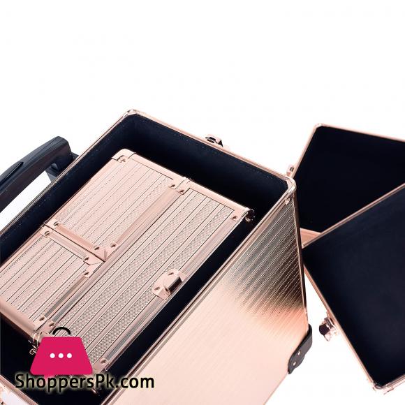 4 in 1 Portable Traveling Aluminum Professional Makeup Trolley Cart with Multiple-Sized Compartments and Wheels, Rose Gold