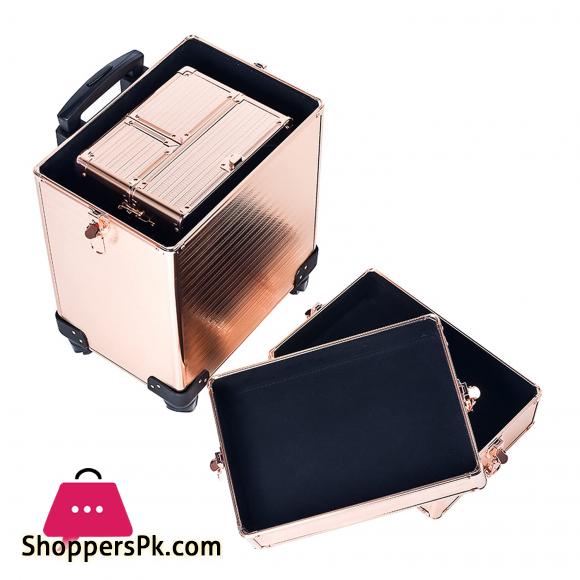 4 in 1 Portable Traveling Aluminum Professional Makeup Trolley Cart with Multiple-Sized Compartments and Wheels, Rose Gold