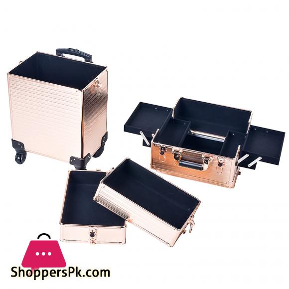 4 in 1 Portable Traveling Aluminum Professional Makeup Trolley Cart with Multiple-Sized Compartments and Wheels, Rose Gold