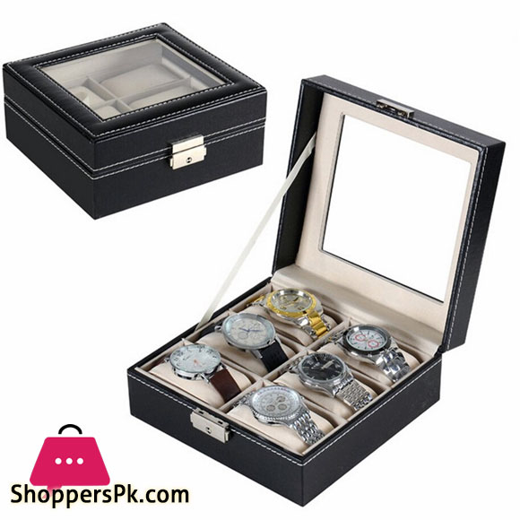 6 Grid Square Watch Storage Box Organizer Watch Case with Leather Finish High-Elastic Pillow