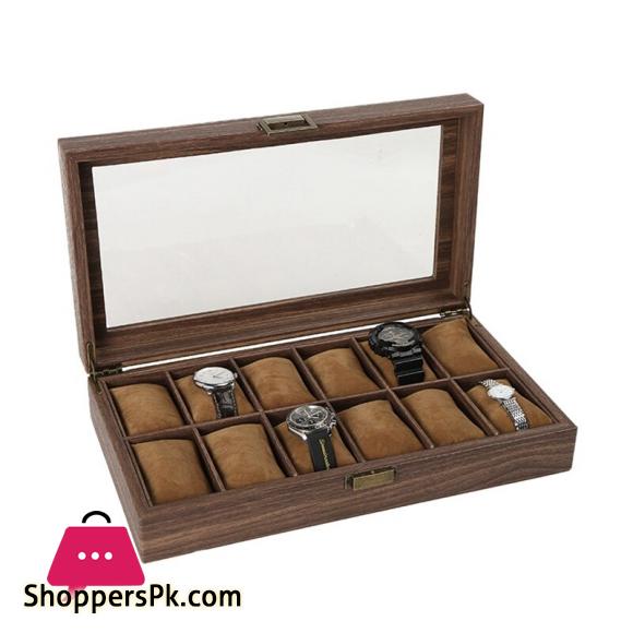 HIGH QUALITY 12 Slot Watch Box Organizer Watch Case with Glass Top