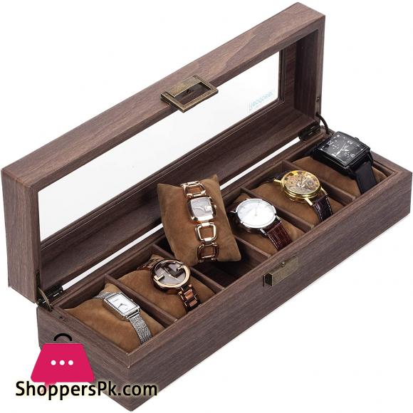 HIGH QUALITY 6 Slot Watch Box Organizer Watch Case with Glass Top
