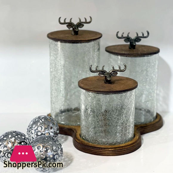 Jaam Sazan Silver Deer Wood and Glass Suitable for Sugar Tea Candy Set of 3