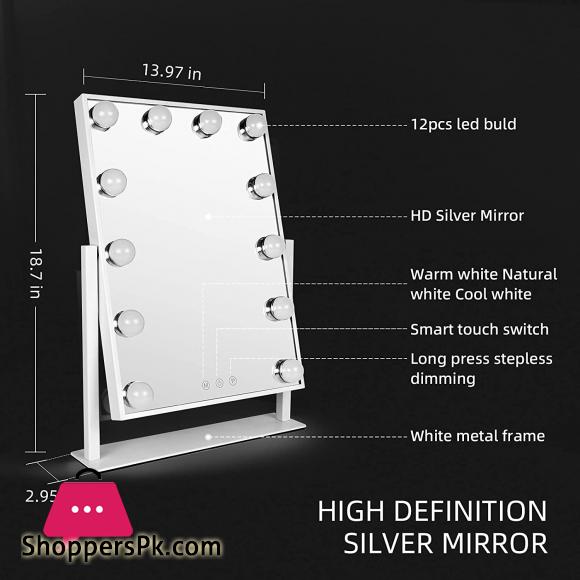 Leadzones Makeup Mirror with Lights,12 LED Vanity Light-up Mirror,Professional Mirror with Smart Touch Control 3 Colors Dimable and 360°Rotation for Dressing Room Bedroom,White