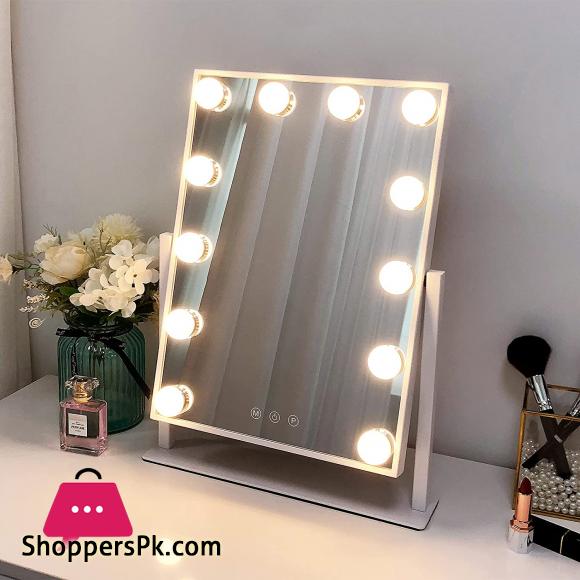 Leadzones Makeup Mirror with Lights,12 LED Vanity Light-up Mirror,Professional Mirror with Smart Touch Control 3 Colors Dimable and 360°Rotation for Dressing Room Bedroom,White