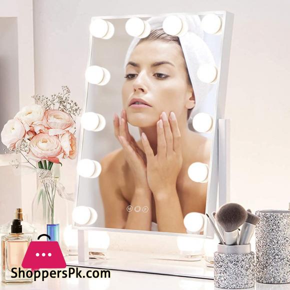 Leadzones Makeup Mirror with Lights,12 LED Vanity Light-up Mirror,Professional Mirror with Smart Touch Control 3 Colors Dimable and 360°Rotation for Dressing Room Bedroom,White