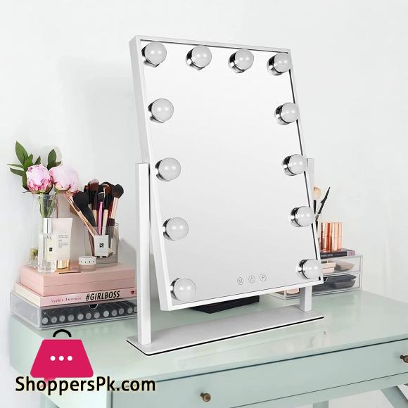 Leadzones Makeup Mirror with Lights,12 LED Vanity Light-up Mirror,Professional Mirror with Smart Touch Control 3 Colors Dimable and 360°Rotation for Dressing Room Bedroom,White