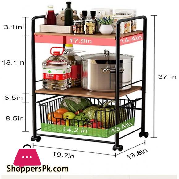 3 Tier Wire Shelving Storage Shelf Microwave Oven Stand Spice Rack Organizer Utility Rolling Cart with Wood Shelves and Metal Wire Baskets for Home Kitchen Storage