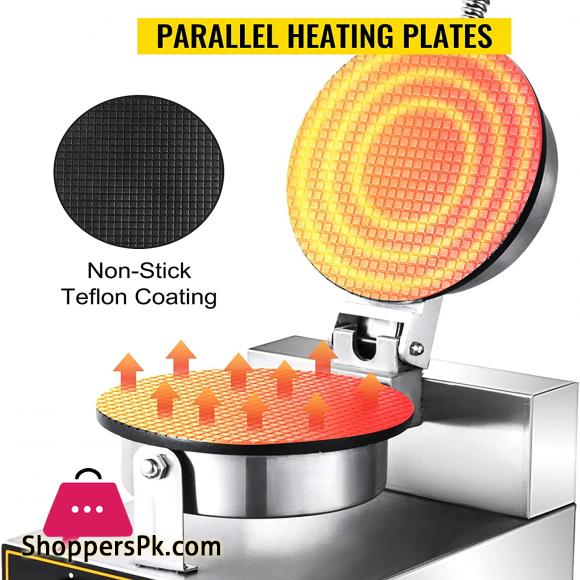 Commercial Ice Cream Cone Waffle Maker Machine Electric Waffle Cone Machine Stainless Steel Egg Cone Baker with Non-Stick Teflon Coating Temp & Time Control for Restaurant Bakeries
