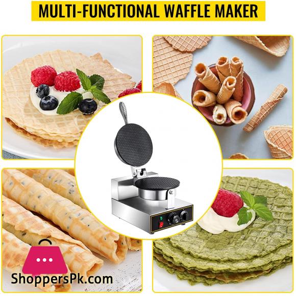 Commercial Ice Cream Cone Waffle Maker Machine Electric Waffle Cone Machine Stainless Steel Egg Cone Baker with Non-Stick Teflon Coating Temp & Time Control for Restaurant Bakeries